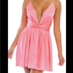 LUXXEL plunging skater satin mini dress hot neon pink size medium